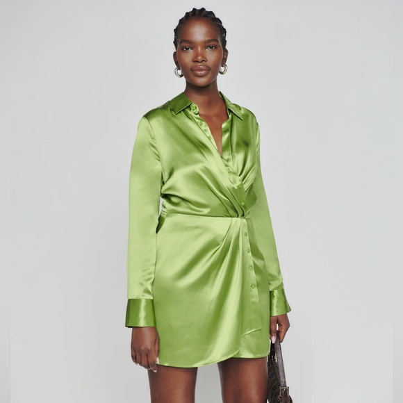lime green satin shirt dress Plus Size Chloe Tie Front Satin Shirt Dress